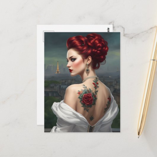 Redhead Tattooed Frau in Paris Postkarte (Vorderseite/Rückseite Beispiel)