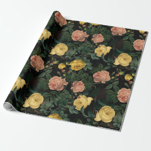 Redouté-Rose Muster auf schwarz Geschenkpapier