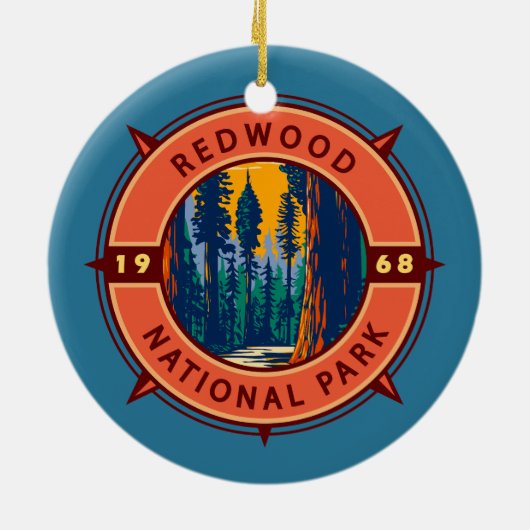Redwood National Park Retro Kompass Emblem Keramik Ornament (Hinten)