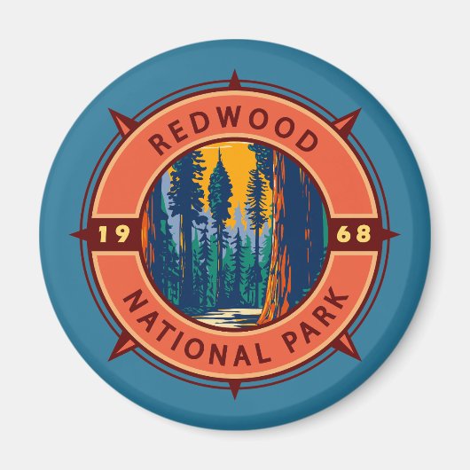 Redwood National Park Retro Kompass Emblem Magnet (Vorne)