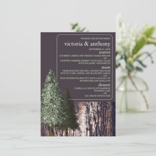 Redwoods & Bark, Rustikale Hochzeit Menükarte (Stehend Vorderseite)
