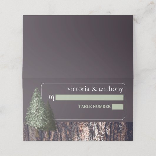 Redwoods & Bark, Rustikale Hochzeit Platzkarte (Außenseite Aufgefaltet)