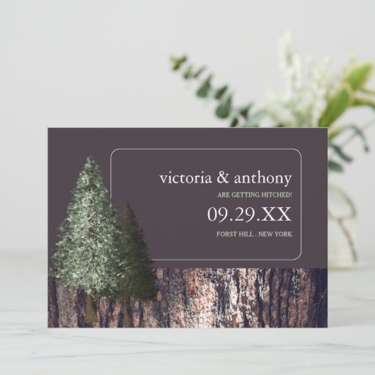Redwoods & Bark, Rustikale Hochzeit retten das Dat Save The Date (Stehend Vorderseite)