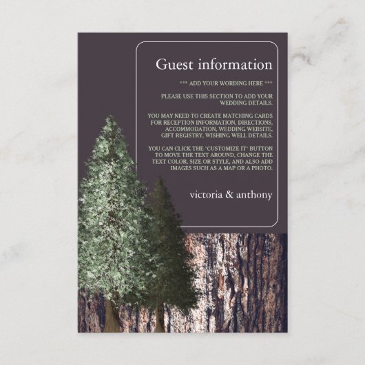 Redwoods & Bark, rustikale Hochzeitsdetails Begleitkarte (Vorderseite)