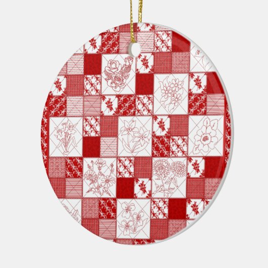 Redwork Stitched-Blume Quilt-RED- Keramik Ornament (Links)