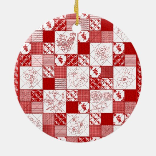 Redwork Stitched-Blume Quilt-RED- Keramik Ornament (Hinten)
