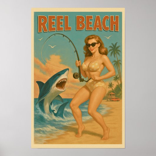 Reel Beach Shark Fishing Pin Up -Retro Coastal Ar Poster (Vorne)