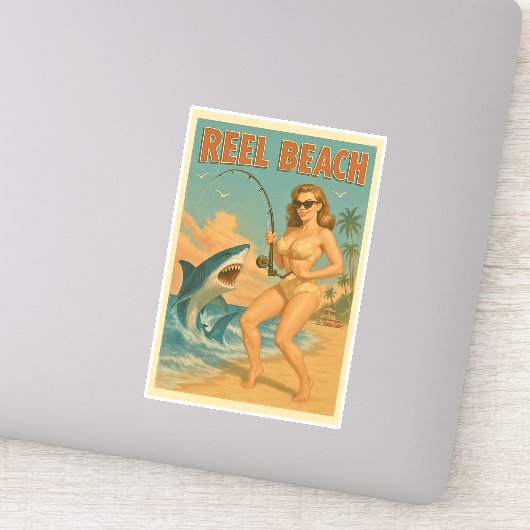 Reel Beach Shark Fishing Pin-Up Retro Coastal Life Aufkleber (Detail)