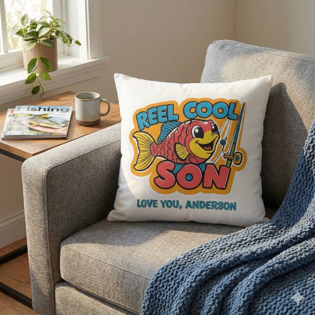 Reel Cool Son Throw Kissen (Let your son know how cool he is with this cute, "Reel Cool Son" personalized fishing pillow! )