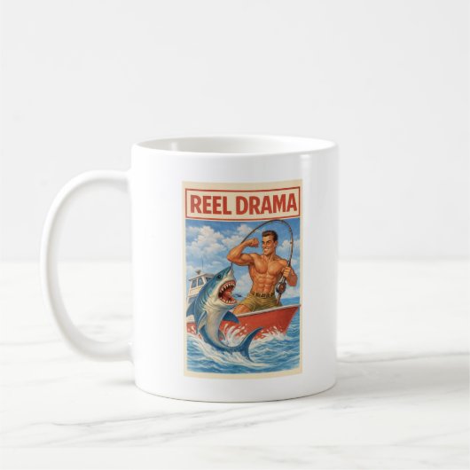 Reel Drama Shark Fisherman | Funny Retro Fishing Kaffeetasse (Links)