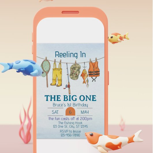 Reeling The Big One, Fishing Line 1st Birthday Einladung