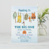 Reeling The Big One, Fishing Line 1st Birthday Einladung (Stehend Vorderseite)