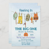 Reeling The Big One, Fishing Line 1st Birthday Einladung (Vorne/Hinten)