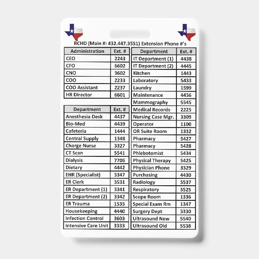 Reeves Landkreis RCHD Telefonnummern Abzeichen Ausweis (Vorderseite)