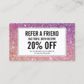 Referenzen mit Lila/rosa Glitzer Salon Empfehlungskarte (Vorderseite)