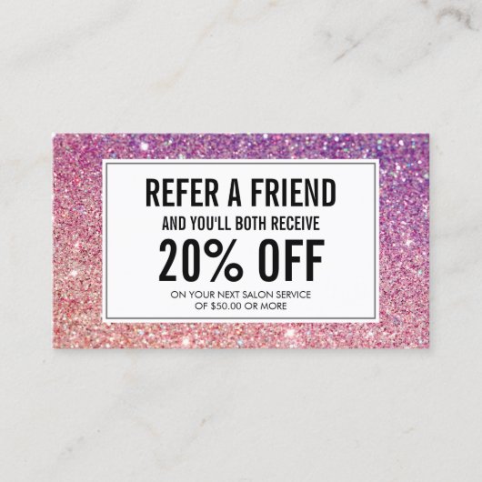Referenzen mit Lila/rosa Glitzer Salon Empfehlungskarte (Vorderseite)