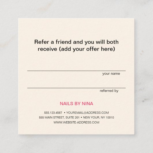 Referenzkarte für Girly Manicurist Nails Typografi Quadratische Visitenkarte (Rückseite)