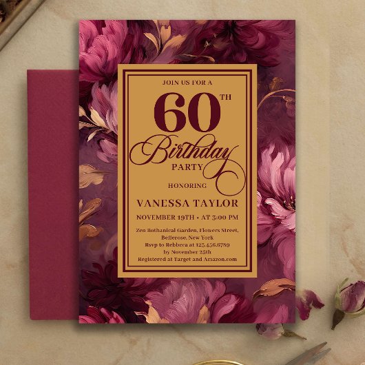 Refined 60th Birthday Burgundy Blush Floral Invite Einladung