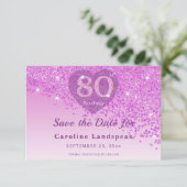 Refined 80th Birthday Pink Glitter Frosted Heart Save The Date (Stehend Vorderseite)