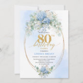 Refined Blue Floral Gold 80th Birthday Invitation Einladung (Vorderseite)