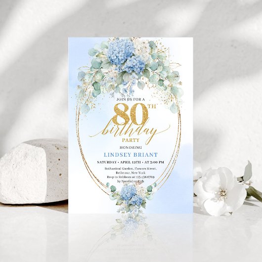 Refined Blue Floral Gold 80th Birthday Invitation Einladung