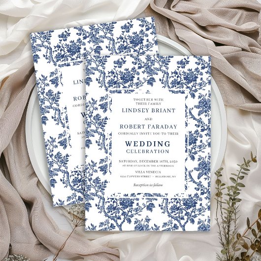 Refined Blue Floral Toile Classic Wedding Invite Einladung