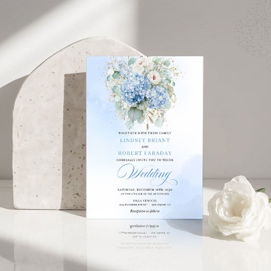 Refined Blue Hydrangea Floral Gold Wedding Invite Einladung