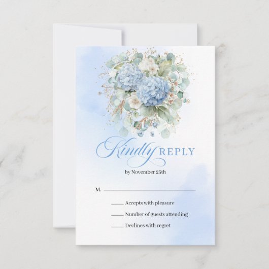 Refined Blue Hydrangeas Greenery Wedding Enclosure RSVP Karte (Vorderseite)