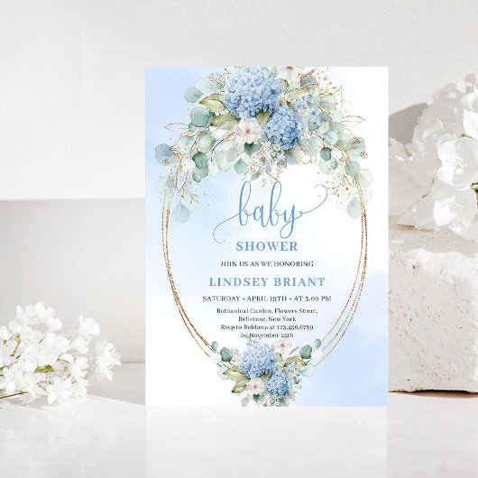Refined Bohemian Blue Hydrangea Baby Shower Invite Einladung