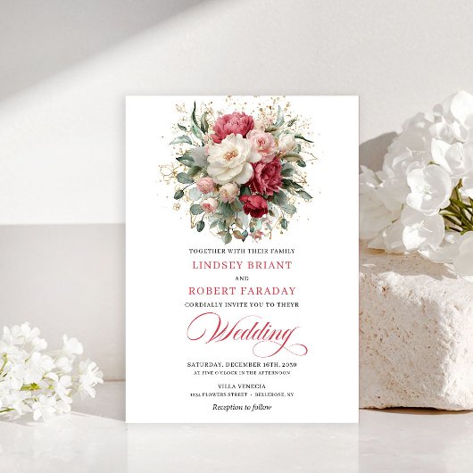 Refined Bohemian Red White Floral Greenery Invite Einladung