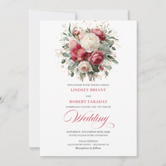 Refined Bohemian Ruby Red White Gold Invitation Einladung (Vorderseite)