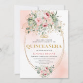 Refined Boho Blush Roses Greenery Gold Quinceañera Einladung (Vorderseite)