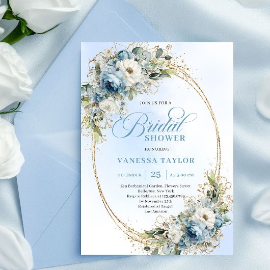 Refined Boho Dusty Blue Flowers Gold Bridal Shower Einladung