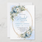 Refined Boho Dusty Blue Flowers Gold Bridal Shower Einladung (Vorderseite)