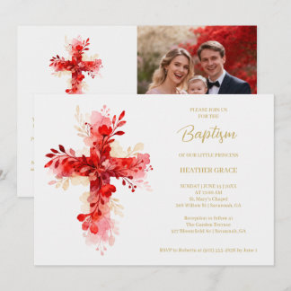 Refined Botanical Cross in Red Tones Photo Baptism Einladung