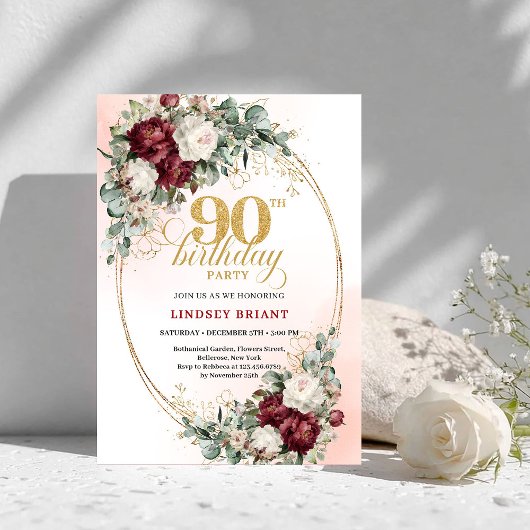 Refined Burgundy Floral Gold Frame 90th Birthday  Einladung