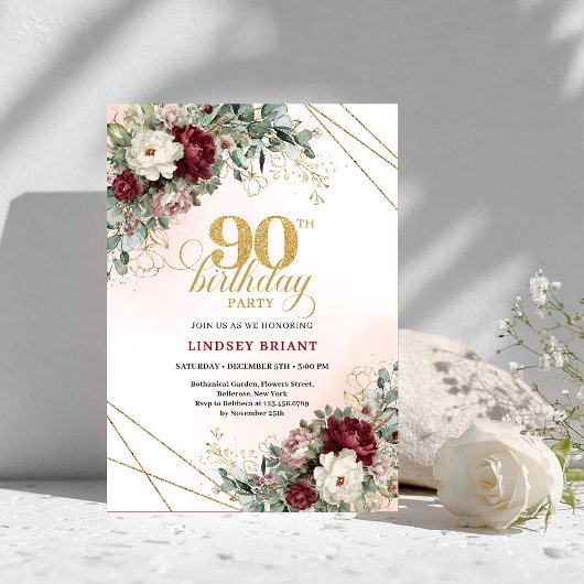 Refined Burgundy Flowers Eucalyptus 90th Birthday Einladung
