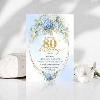Refined Chic Dusty Blue Floral Gold 80th Birthday Einladung