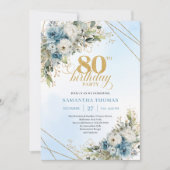 Refined Dusty Blue Floral Gold 80th Birthday Invit Einladung (Vorderseite)