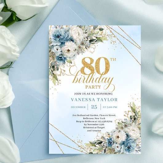 Refined Dusty Blue Floral Gold 80th Birthday Invit Einladung