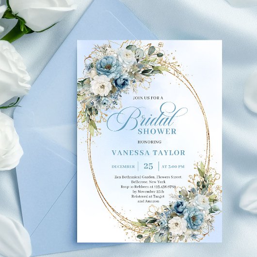 Refined Dusty Blue Gold Frame Bridal Shower Invite Einladung