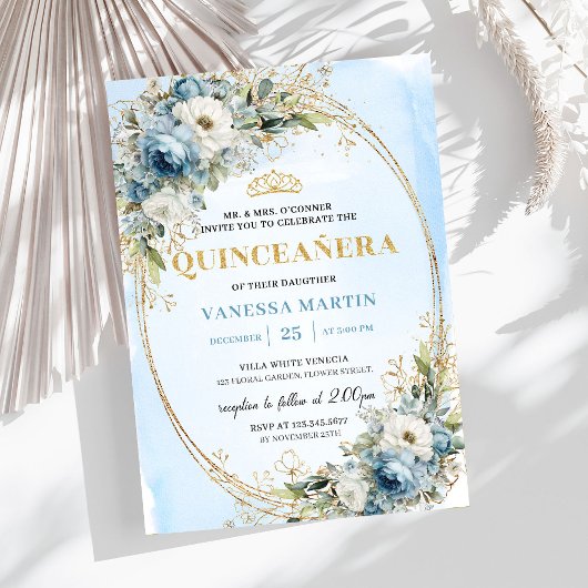 Refined Dusty Blue Gold Greenery Quince 15 Einladung