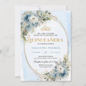 Refined Dusty Blue Gold Greenery Quince 15 Invite Einladung (Vorderseite)