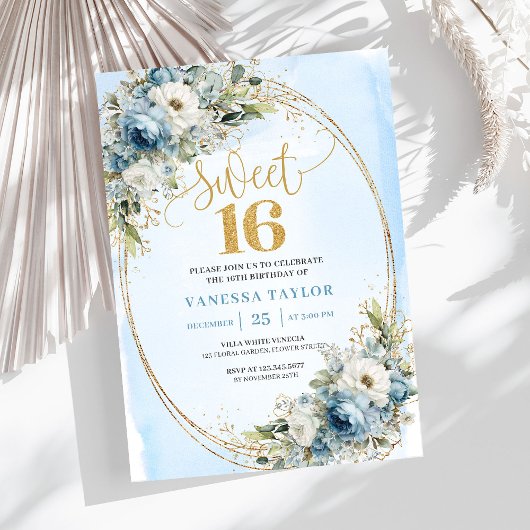 Refined Dusty Blue Greenery Sweet Sixteen Invites Einladung
