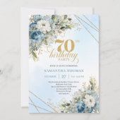 Refined dusty blue watercolor florals 70th birthda einladung (Vorderseite)