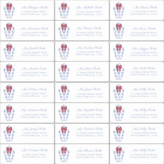 Refined Ginger Jar Red Bow Holiday Cards Adresse Aufkleber (Vorderseite)