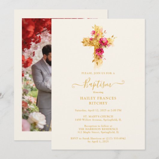 Refined Gold Botanical Cross Christian Baptism Einladung (Vorne/Hinten)