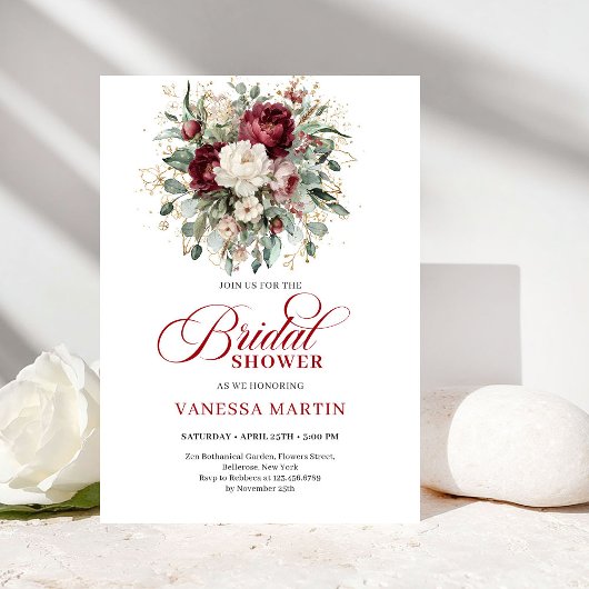 Refined Maroon Floral Gold Bridal Shower Invitatio Einladung