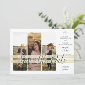 Refined Navy & Gold Elegant Script 3 Multi Photos Save The Date (Stehend Vorderseite)