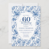Refined Navy Roses Floral Toile 60th Birthday  Einladung (Vorderseite)
